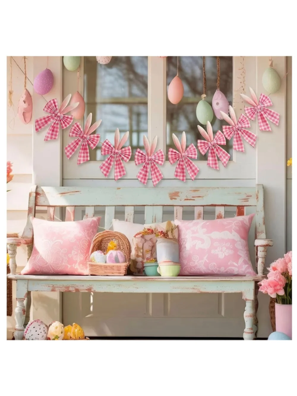 NEW 8.2ft Easter Bunny Pink Bow Garland Decorations Rabbit Ears Bow Plaid Velvet